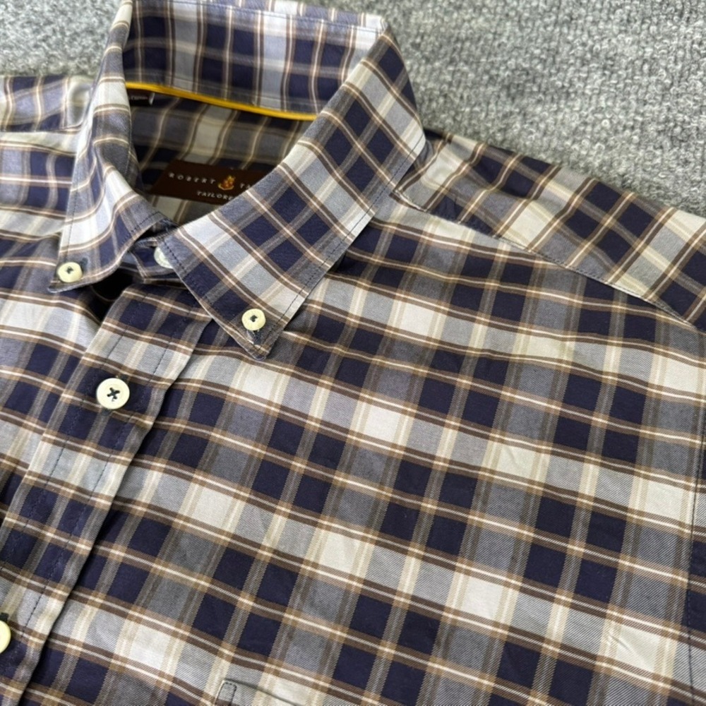 Robert Talbott Button Down Shirt Mens L Plaid Tailored Fit Blue Brown Cotton